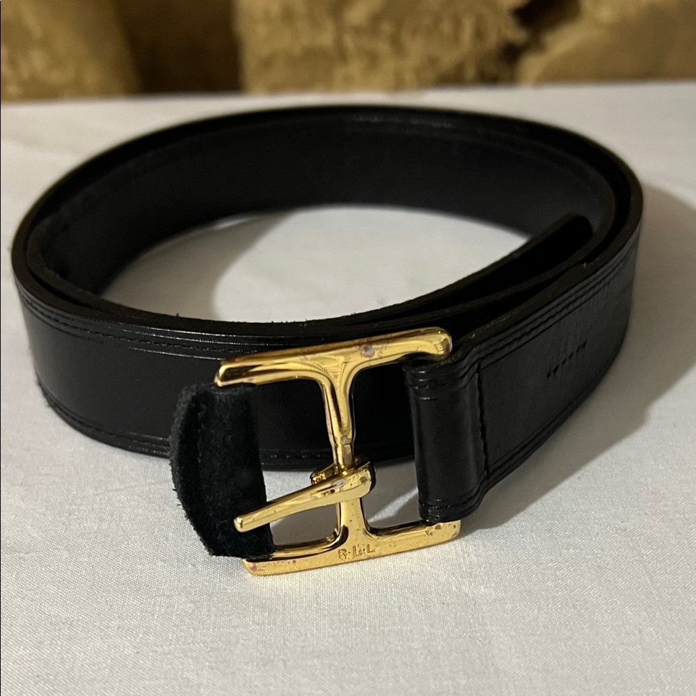 Black Leather Belt with Gold Buckle